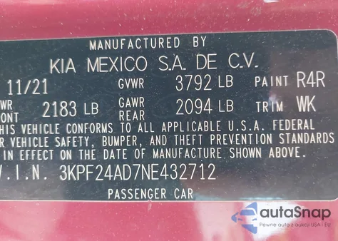 2022 Kia Forte Lxs z USA, uszkodzony, nr VIN 3KPF24AD7NE432712